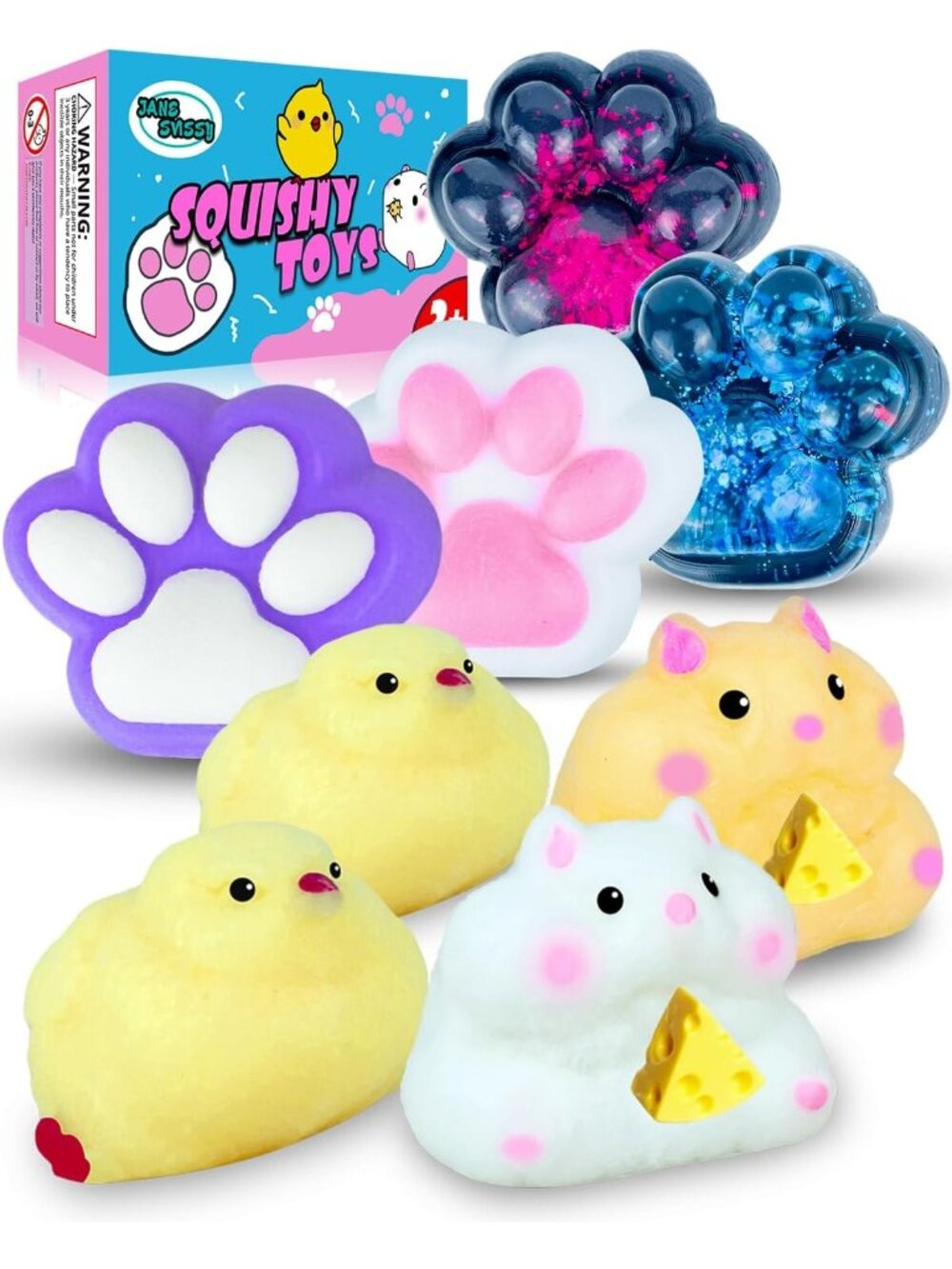 Squishy Toy Set - 4 Cat Paws, 2 Chick, 2 Hamster - Stress Relief & Fidget Fun!